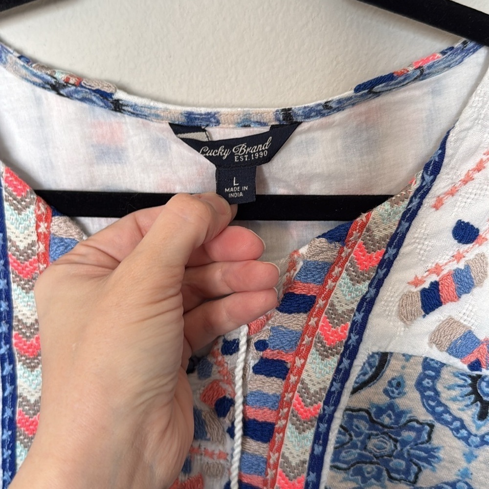 Lucky Brand 3/4 Sleeve Blouse Embroidered Boho Blue Tassle Tunic Women Large EUC - Picture 5 of 11